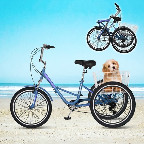 MOONCOOL Adults Folding Tricycle 24" 3 Wheel 7 Speed Trike Bicycle Bike W/Basket - Picture 13 of 16