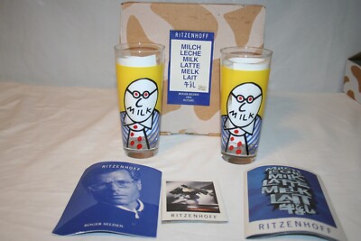 2 Ritzenhoff Milk Club #40 Milky Man Glasses Roger Selden 1994 Box #10 