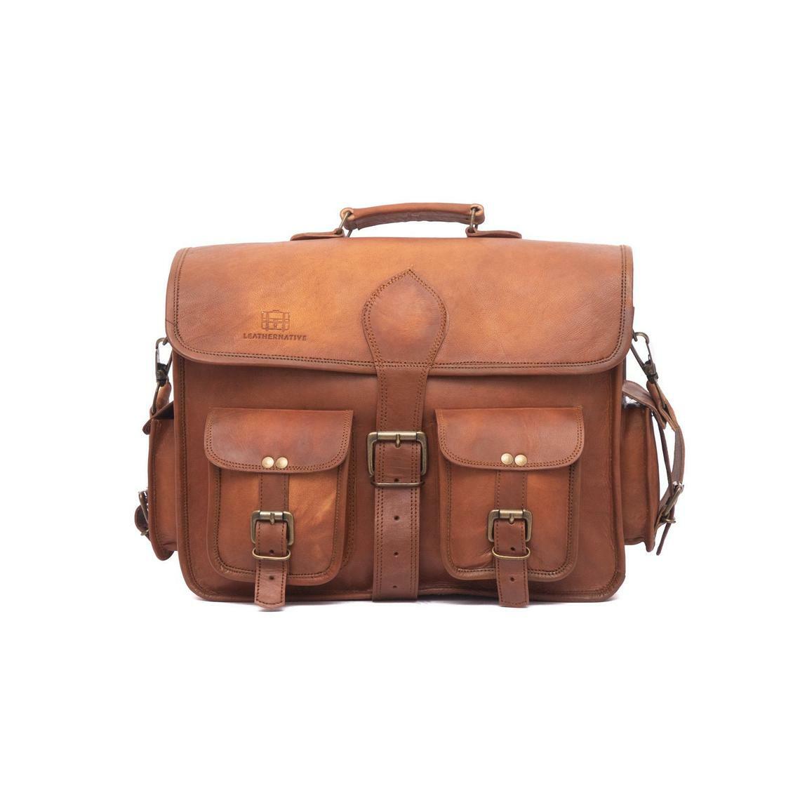 Men's Genuine Vintage 1 Inch Leather Messenger Bag Shoulder Laptop Bag Briefcase
