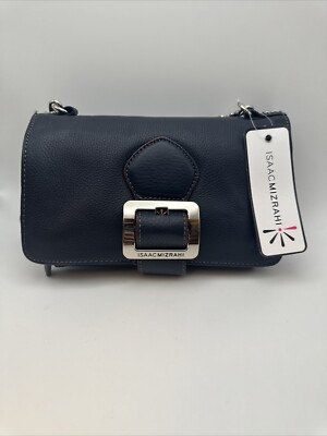 ISAAC MIZRAHI New York Clutch Bag Pebbled Leather Dark Navy Blue W
