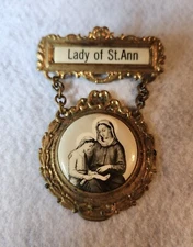 Vintage Lady of St. Ann Religous Pin Brooch Estate Find Gold Tone 3"