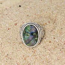 Vintage Look Abalone Shell Print Silver Scroll Shell Ring Size 7.5