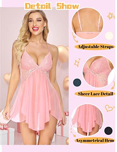 Women Lingerie Lace Babydoll V Neck Sexy Sleepwear Strap Chemise Large Pink - Bild 6 von 7