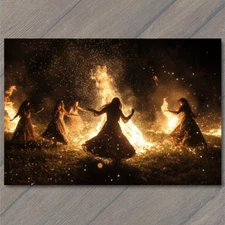 Art Print  Women Fire Dance Spinning Flames Magical Night Scene Girls Dress Fun