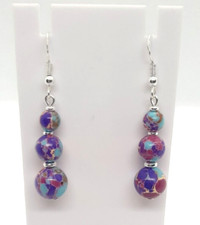 GALAXY SEA SEDIMENT JASPER 925 HOOK EARRINGS BLUE/PINK/PURPLE 4.5CM DROP E256