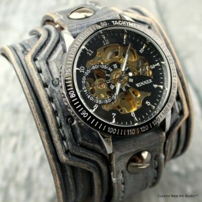 Steampunk watch with distressed gray watch cuff