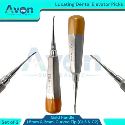 Gold Color-Coded Dental Root Elevator Pick 1.5mm + 2mm, Curved, #C1.5,#C2 (2PK)