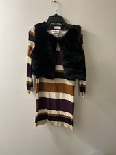 NWT Rare Editions Striped Dress Set 3 Piece. Faux Fur Vest and Necklace Sz 8