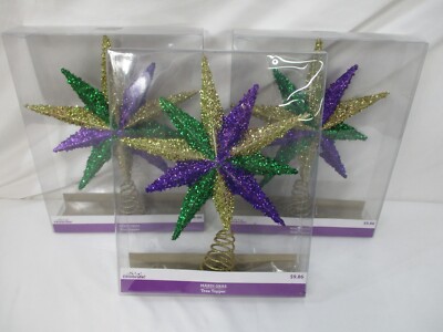 Mardi Gras Tree Topper 3 Count 12  Star Spiral Base Gold Glitter Sparkle New