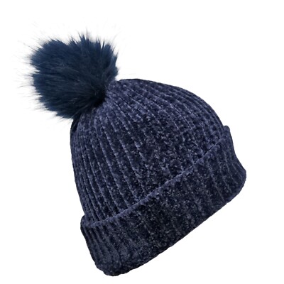 LOFT Beanie Hat Blue One Size Stretch Ribbed Knit Pom Pom 