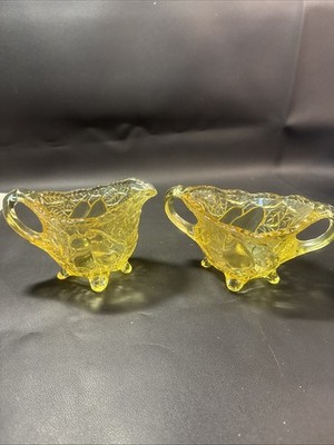 Vintage 1960's Indiana Tiara Glass Pears Creamer & Sugar Bowl Yellow Beautiful!
