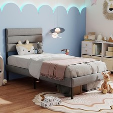 Twin Size Bed Frame with Linen Upholstered Headboard Metal Platform Bed,Grey