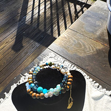Blue Brown Clear Round Beads Multi-Strand Beaded Stackable Bracelet Set