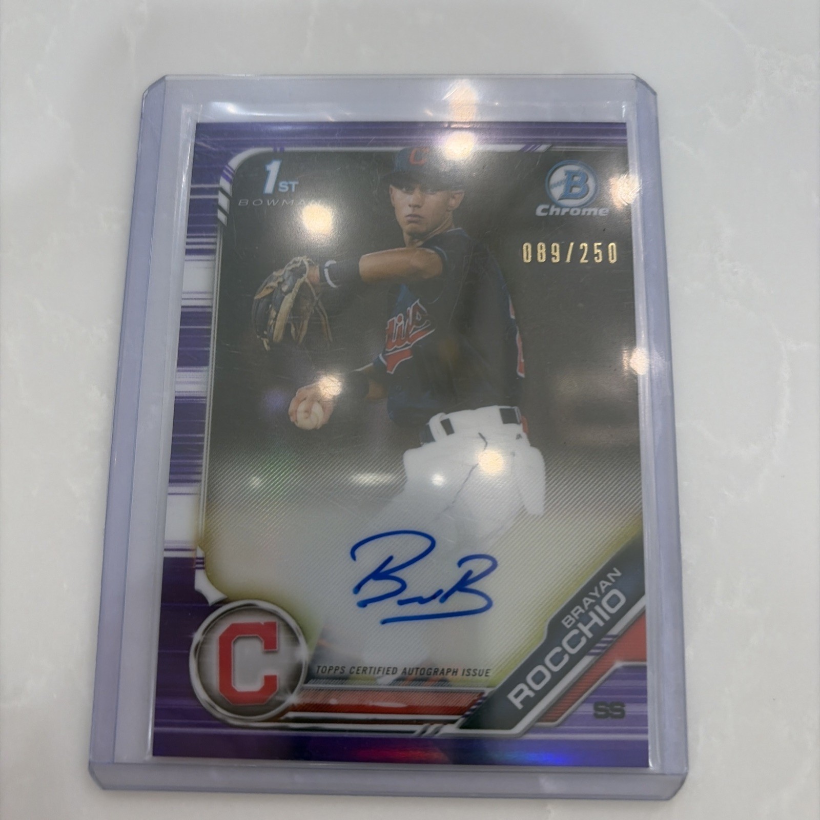 2019 Bowman Chrome Brayan Rocchio 1st Purple Refractor Auto #004/250 #CPA-BR