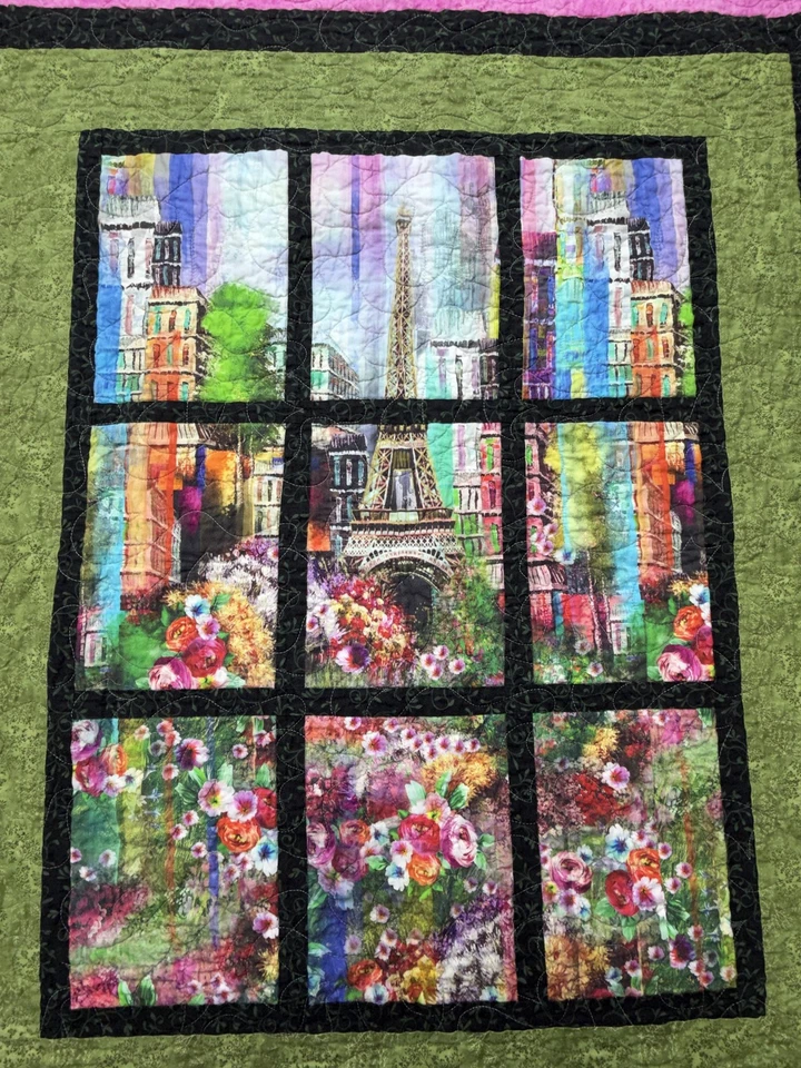 Edredón hecho a mano para colgar en la pared Torre Eiffel de París caña floral Foto 3 de 4