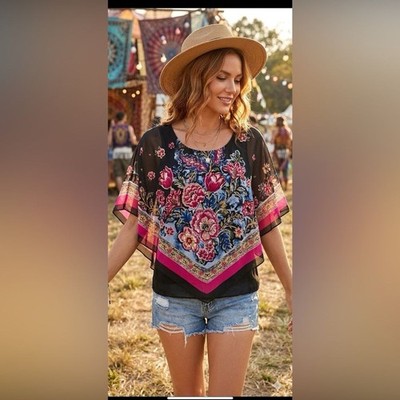 Boho Festival Floral Women's Scarf Sheer Blouse in Black and Pink