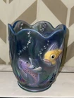 Rare Fenton Blue Opalescent Japanese Koi Fish Vase Hand Painted Signed Label