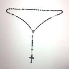 Vintage Black Bead Rosary Necklace Silver Tone Crucifix Catholic Prayer Beads