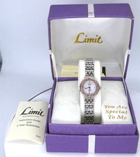 LIMIT Ladies Quartz MOP Watch Pink Diamante Bezel Silver Tone Bracelet 6796