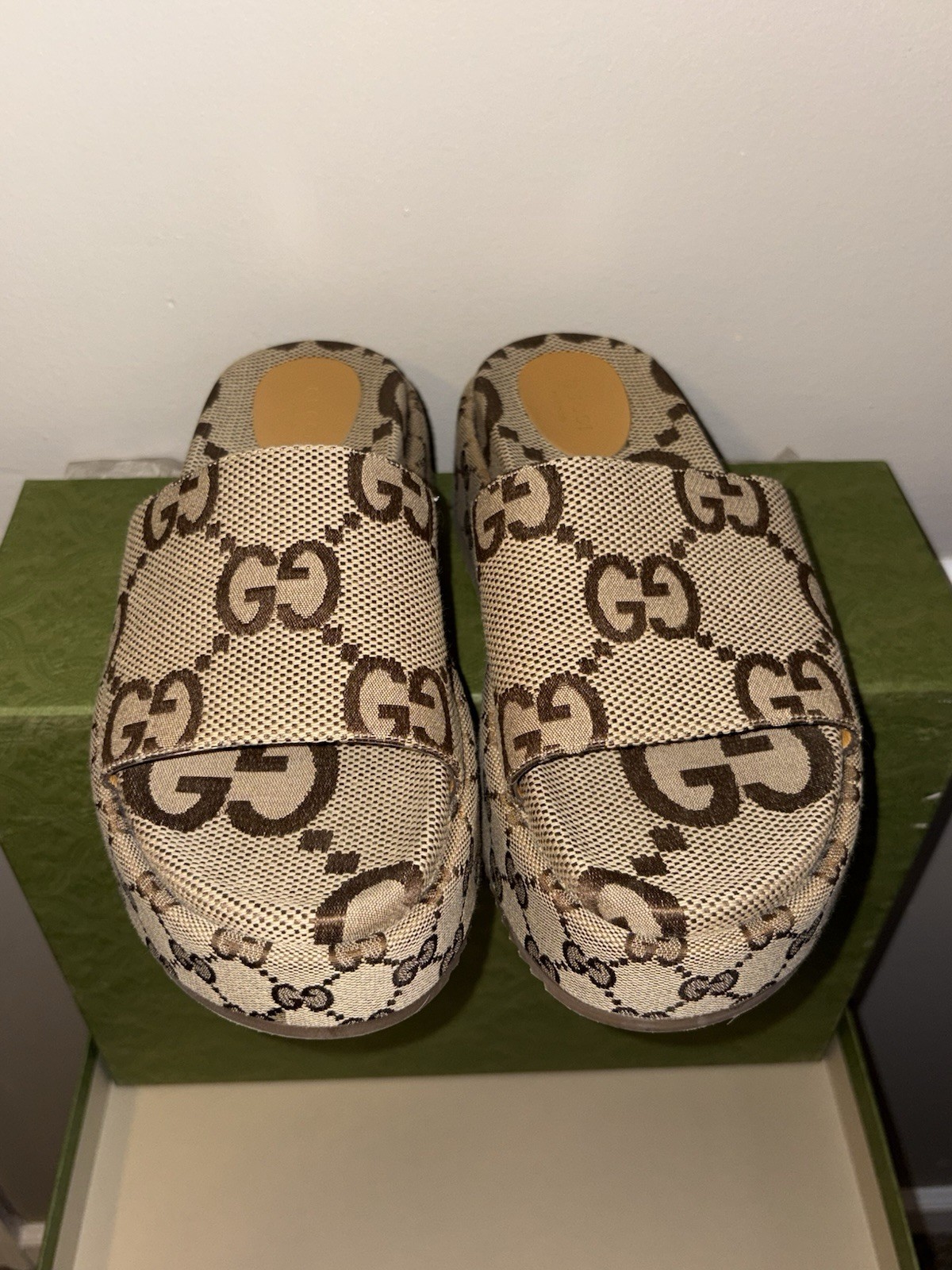 Gucci Logo Platform Slide Sandals Beige Brown Women's EU 39 Canvas Leather thumbnail 3