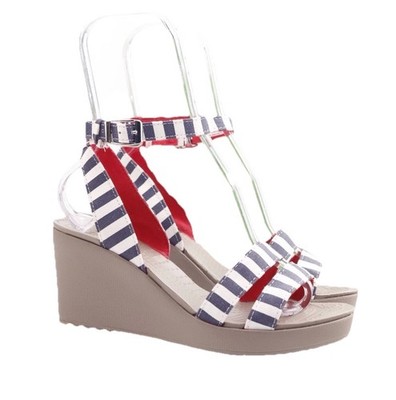 Crocs Womens Leigh Sandal Size 10 Navy White Stripe Wedge Platform Ankle Strap