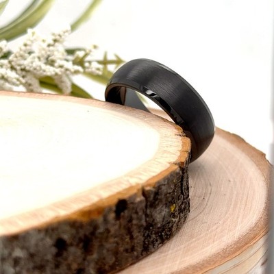 Modern 8mm Black Tungsten Carbide Ring   Brushed Surface Polished Edges Holiday