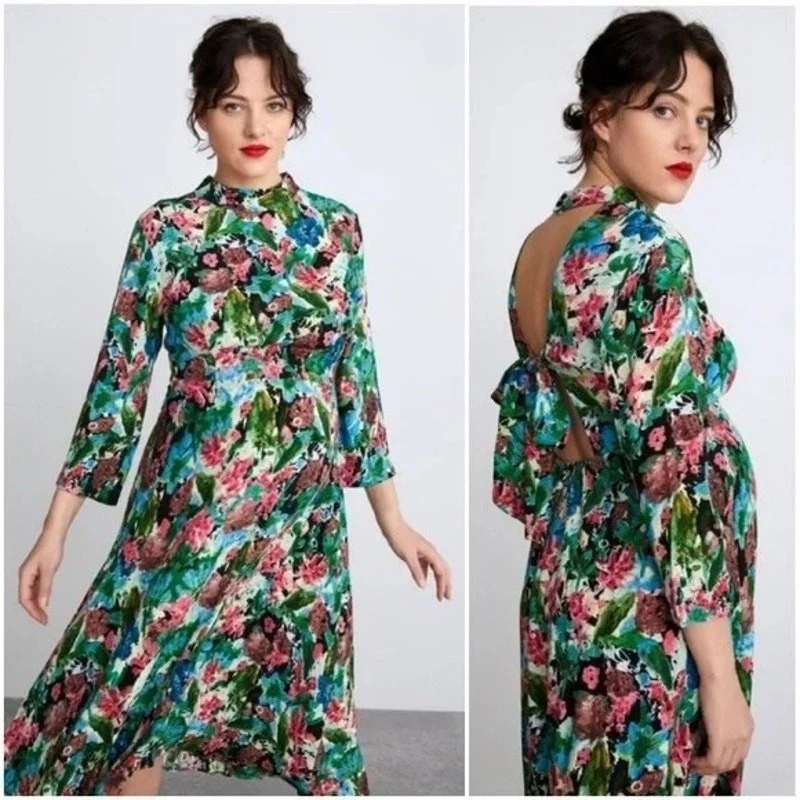 Vestido midi manga larga espalda abierta estampado floral acuarela ZARA talla: L Foto 2 de 4