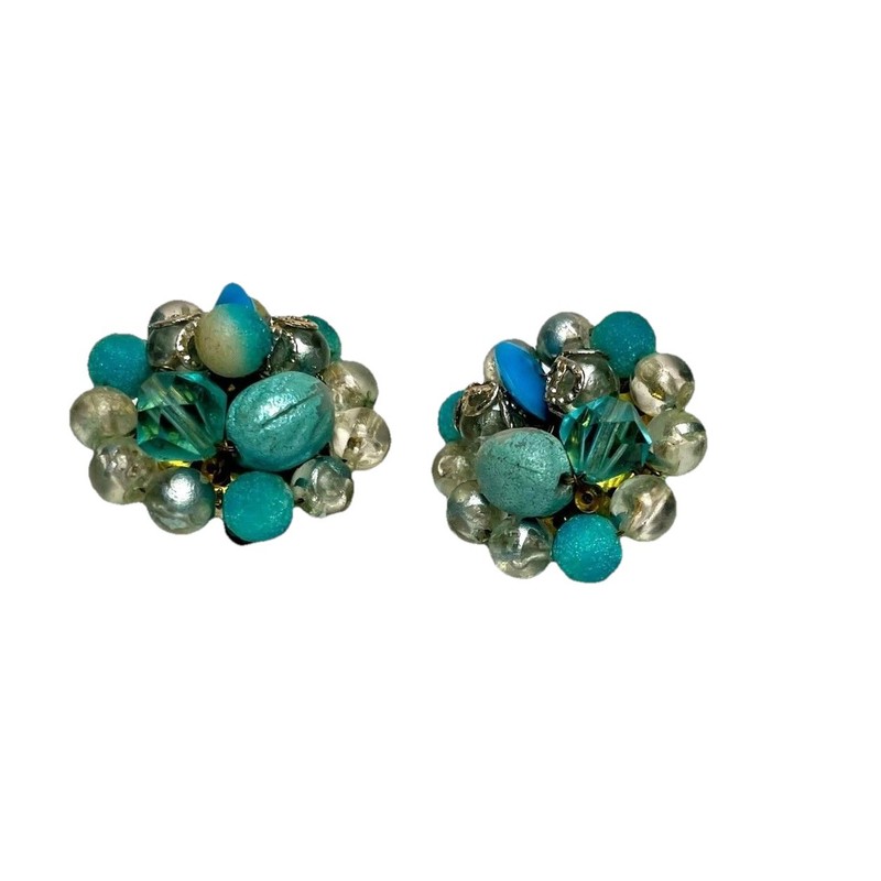Vintage Blue Turquoise Faux Pearl Round Cluster Clip On Earrings 1" 