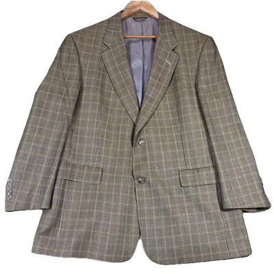 Hart Schaffner Marx Wool Windowpane Plaid Blazer Suit Jacket Gold 44-46 Vtg
