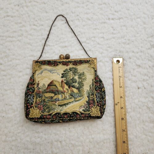 Antique Tapestry Purse Handbag Silk Lining Country River Gold Hardware Chain - Picture 3 of 6