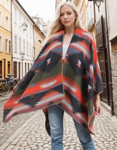 Women's Shawl Wraps Open Front Poncho Cape One Size Series 4-colorful Diamond - Picture 5 of 6