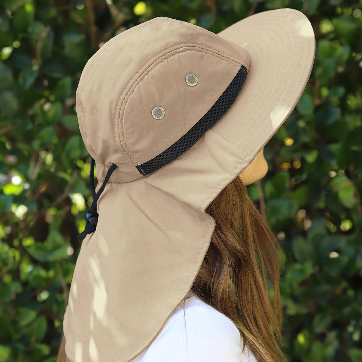 Mens Womens Summer Bucket Boonie Hat Neck Cover Flap Sun Wide Brim Cap Tan