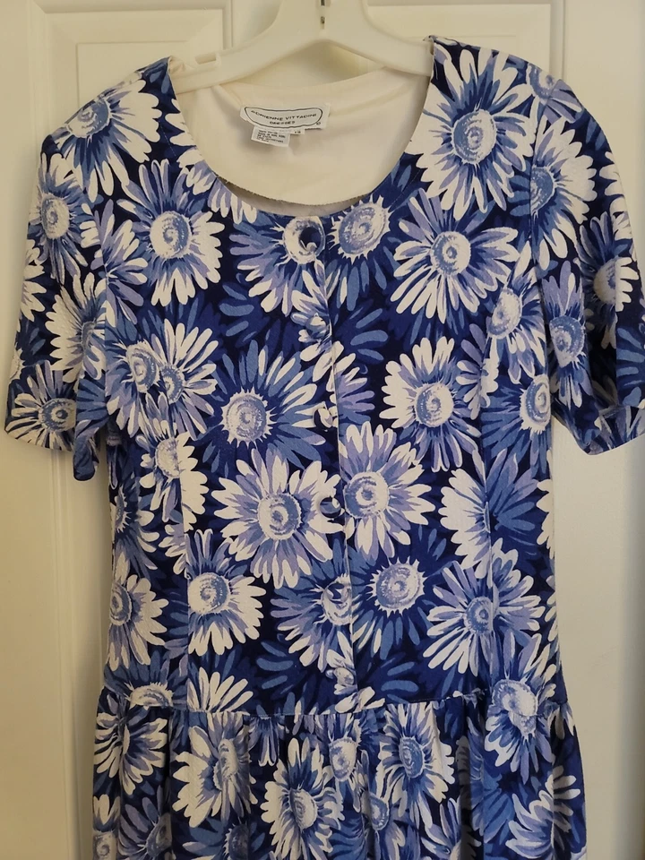 复古 ADRIENNE VITTADINI 100% 棉花卉蓝色垂腰连衣裙 - 12 码 — 第 3/4 张图片