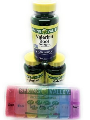 3 X Spring Valley Valerian Root 500 mg, 100 Count Plus 7 Day Pull Case