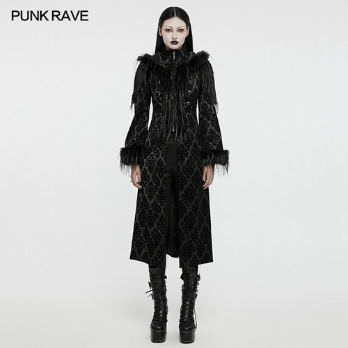Punk Rave Women Black Punk Gothic Gorgeous Jacquard Double-Breasted Long Coat - Picture 2 of 17