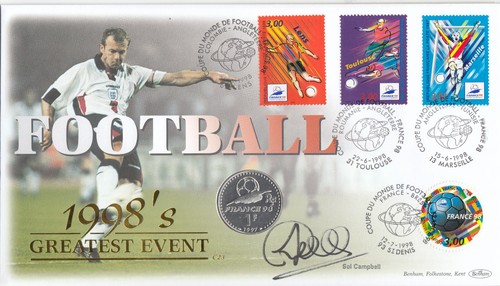 SOL CAMPBELL SIGNED Fußball WM Frankreich 1 Franc MÜNZE Cover 1998 (142061)