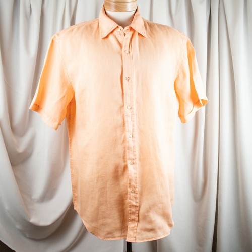 NEIMAN MARCUS New Orange Peach Solid Linen Men Short Sleeve Shirt Size XL - Picture 10 of 11