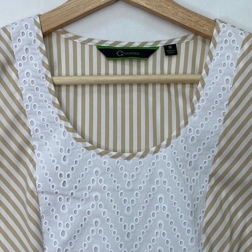 C. Wonder Womens Size Medium Short Sleeve Striped Top with Eyelet Detail Khaki - Picture 3 of 6