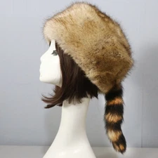 Novelty Faux Fur Raccoon Tail Hat Soft Wild Frontiersman Animal Coonskin Cap