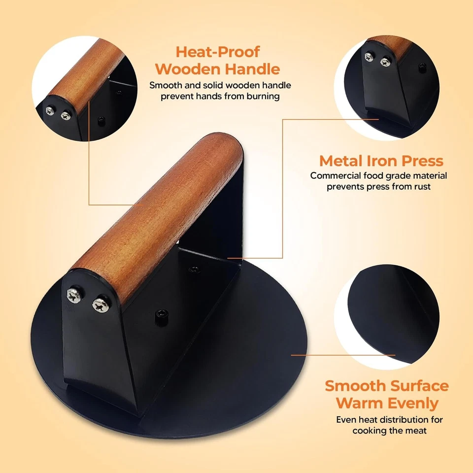 Prensa de hamburguesas con mango de madera 2 piezas - Prensa de carne redonda de 5,5" y rectangular de 8,03 x 4,2" Foto 4 de 4