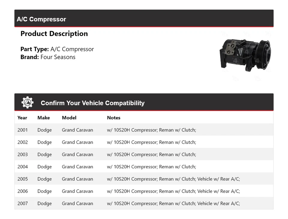 Compresor de aire acondicionado para Dodge Grand Caravan 2001-2007 4 estaciones 2002 2003 2004 2005 Foto 2 de 4