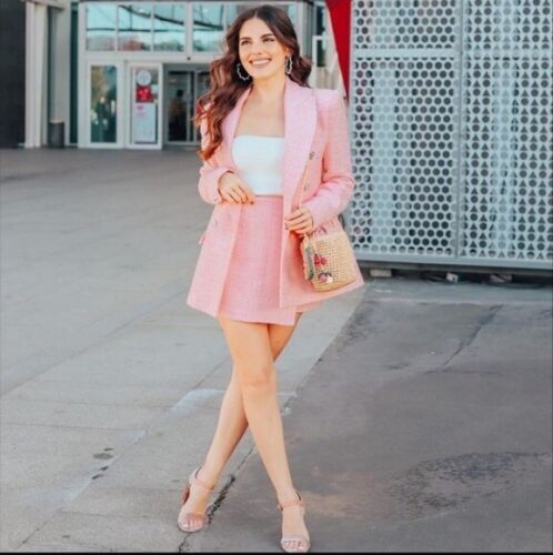 NWT ZARA TEXTURED TWEED LONG FITTED PINK BLOGGERS BLAZER JACKET 3130/651 - Picture 7 of 21