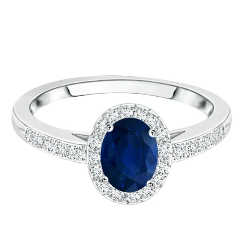 Oval Blue Sapphire Solitaire Accents Women Ring 925 Silver For Graduation Gift