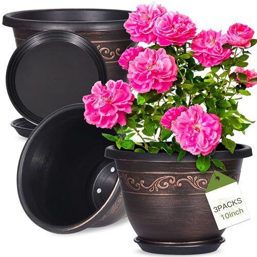 Plasticplantflowerplanters10 Inch With Drainage Hole & Saucer 3 Packs Lightweigh