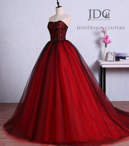 Klassisch Weinrot Rot Schwarz Brautkleid Ballkleid Quiceanera Maßgeschneidert - Bild 3 von 7