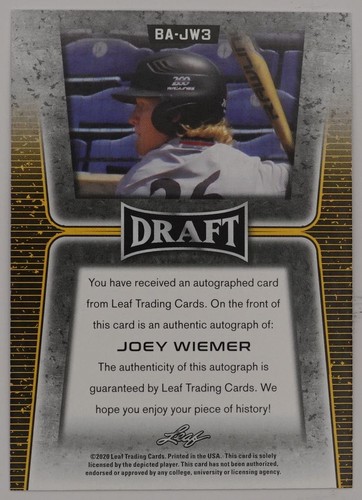 Joey Wiemer 2020 Leaf Draft Retail Autographs RC Auto Milwaukee Brewers #BA-JW3 - Picture 2 of 2