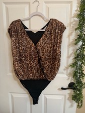 ee:some Women s Sequin Leopard Print Bodysuit One Piece, Brown/Black, S