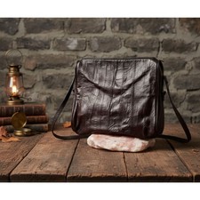 Vintage Genuine Eel Skin Leather Shoulder Bag Dark Brown 70s 80s Crossbody Purse