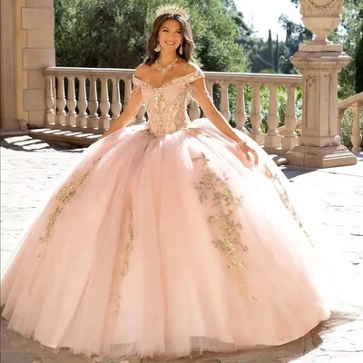 Pink Princess Ball Gown Quinceanera Dresses Off Shoulder Lace Birthday Party