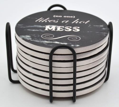 LIFVER Lustige Untersetzer 8er Set - Schwarz Marmoroptik Keramik mit Halter, Korksockel - Bild 9 von 9